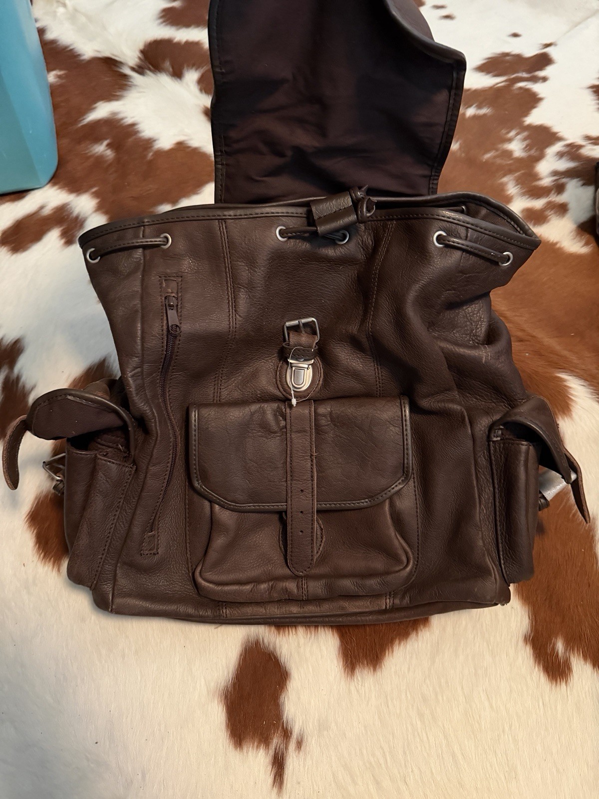 Brown Backpack Buckle Drawstring Closure Front Side Pockets Unisex Casual