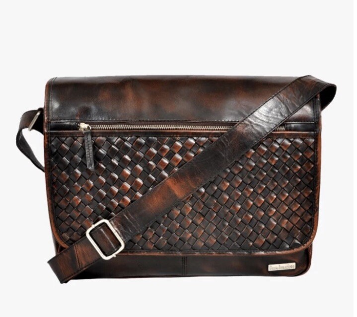 HX London Woven Brown Leather Messenger Bag Shoulder Strap Magnetic Flap Top