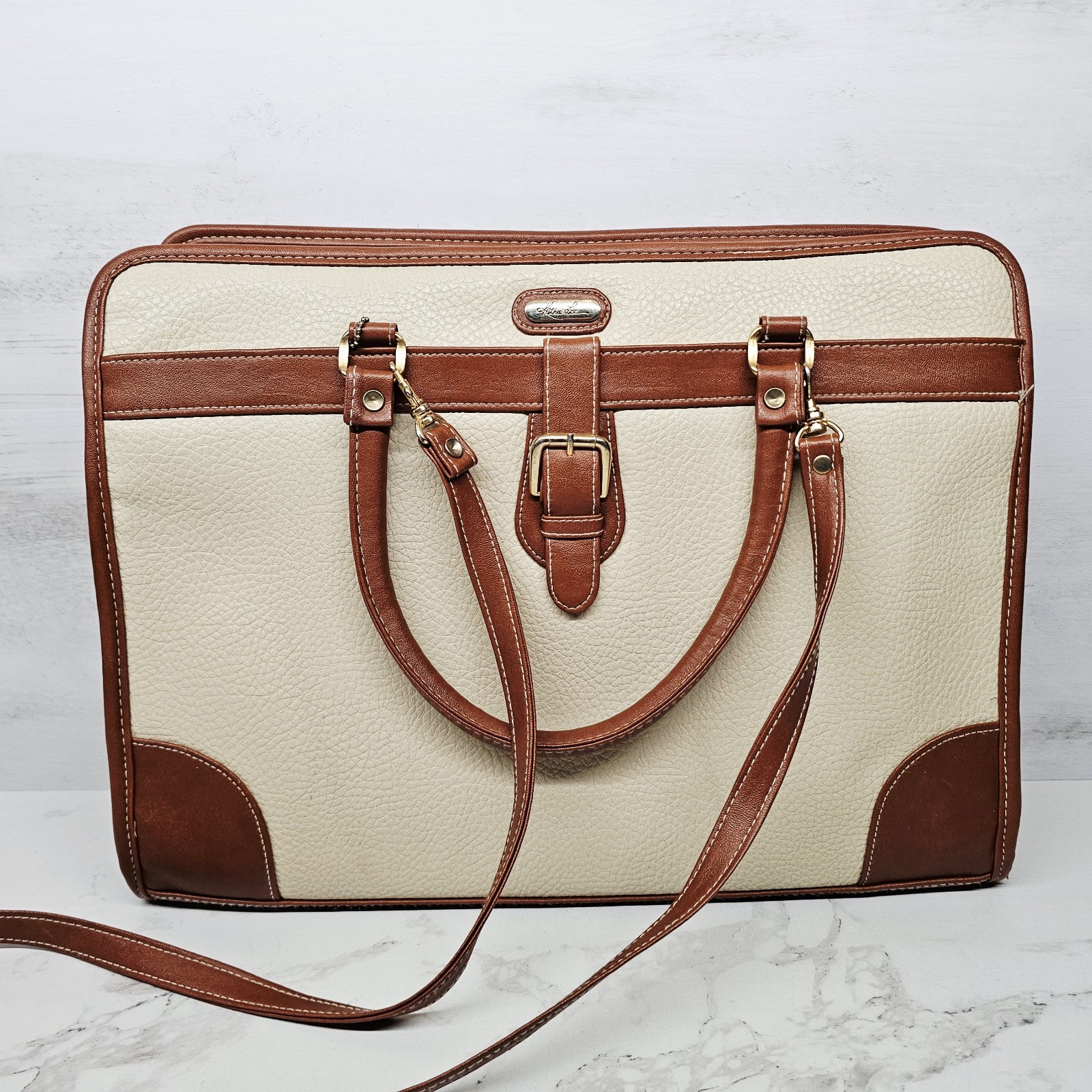 Vintage Kathie Lee Briefcase Bag Brown And Cream Used Condition 16″x12″x3″ 😊