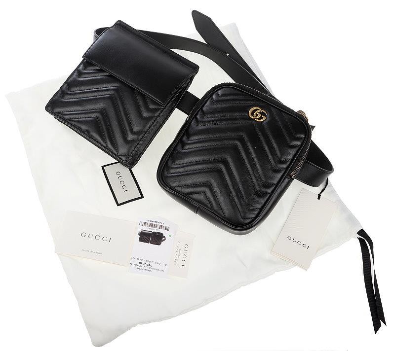 NEW GUCCI GG MARMONT TRAPUNTA CHEVRON BLK LEATHER DOUBLE BELT BAG 100/40 UNISEX