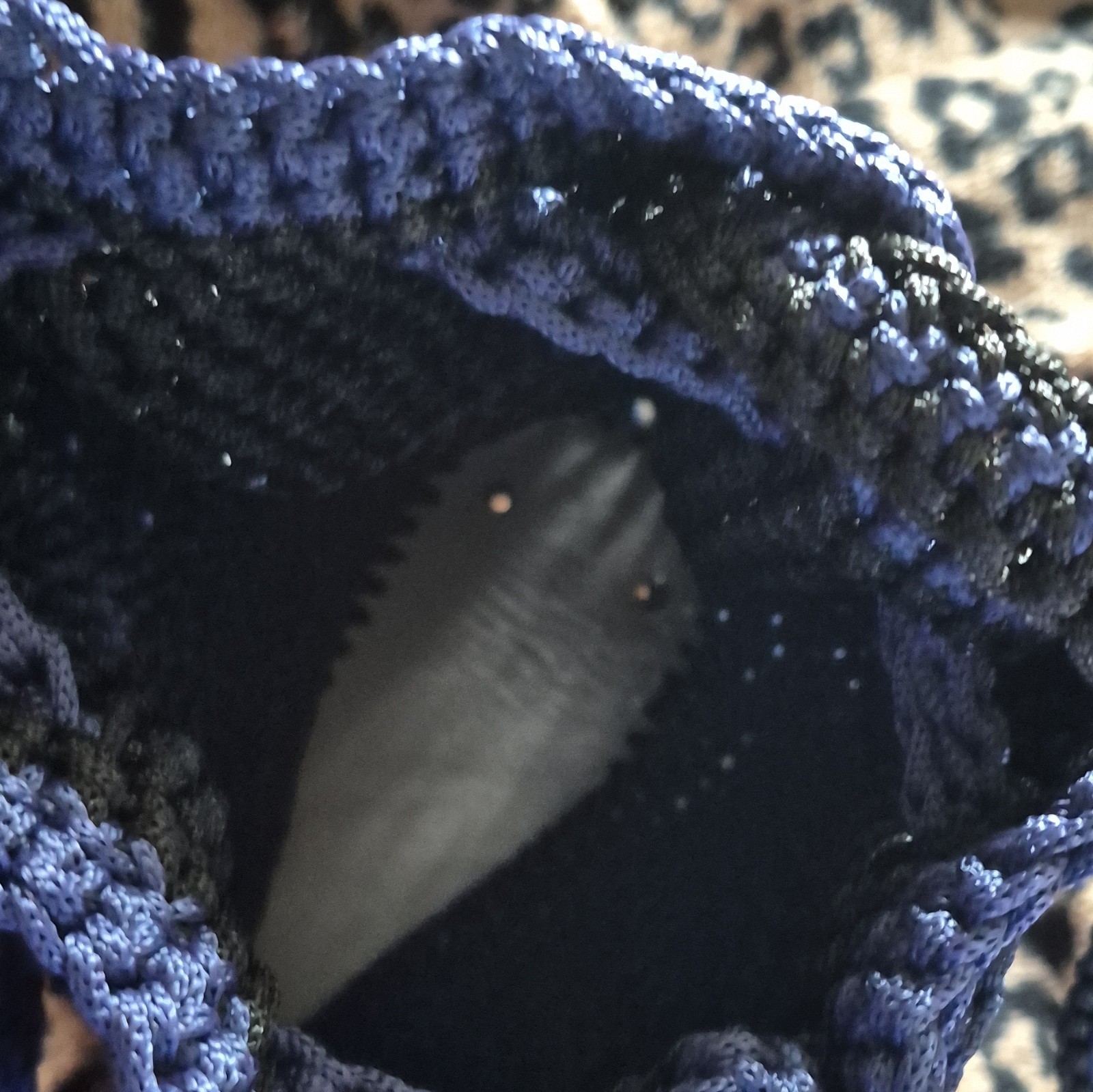 Handmade Crocheted Knit Drawstring Shoulder Bag, Blue/Black Colorblock Unisex