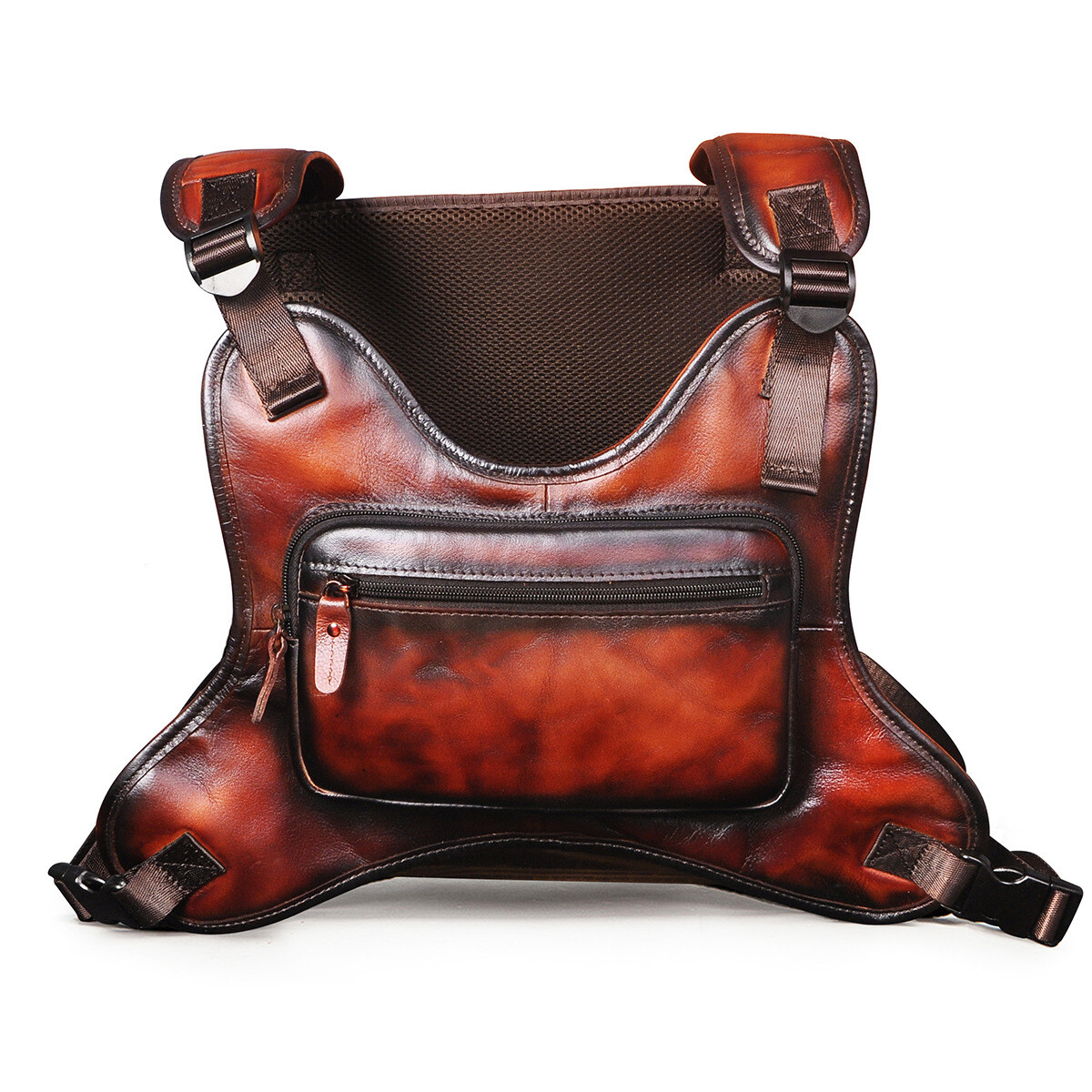 Men Vintage Real Leather Two Straps Chest Rig Bags Rectangle Streetwear Hip-Hop