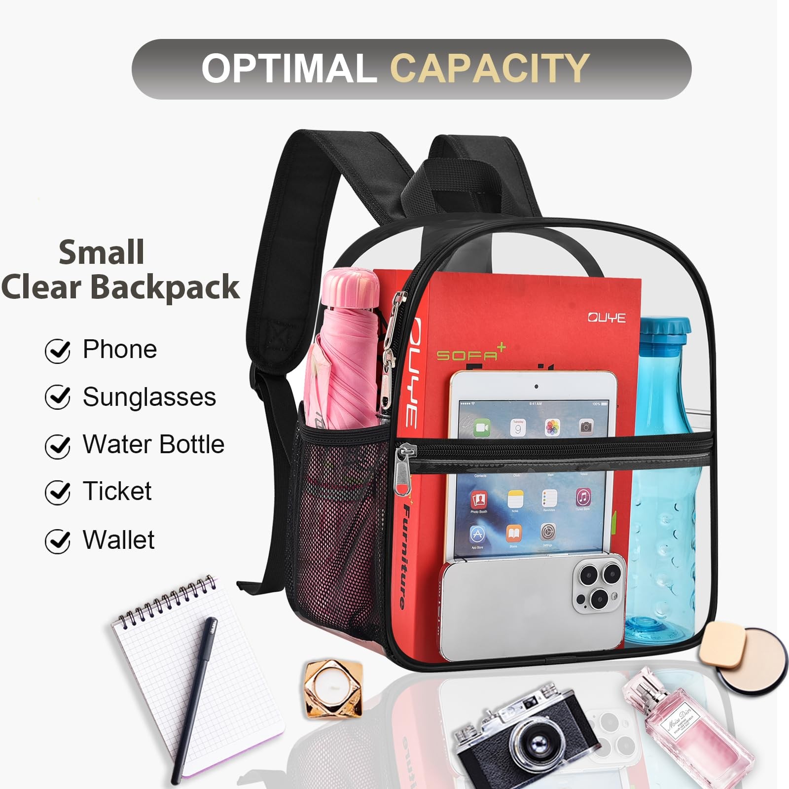 Oraben Clear Backpack Stadium Approved, Clear Bag 12 x 6 x 11 in, Small Trans…