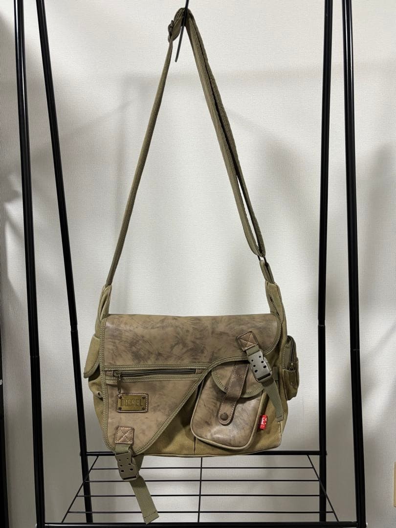 DIESEL Vintage Y2K Military Messenger Shoulder Bag Multi Pocket Khaki