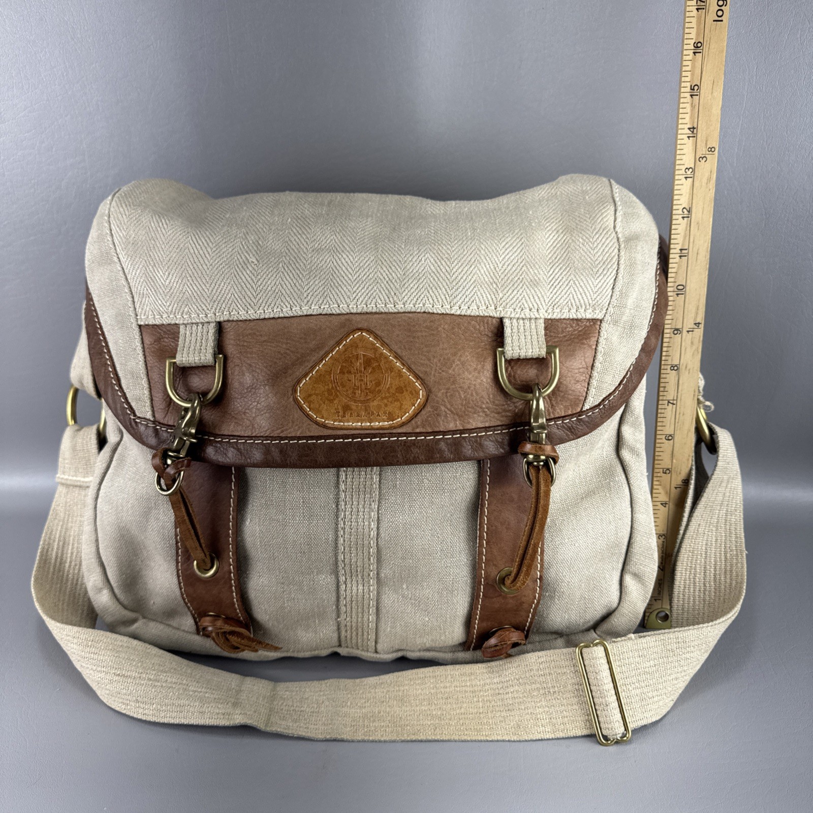 Terra Pax Hemp Canvas Woven Linen Leather Trim Messenger Shoulder Crossbody Bag