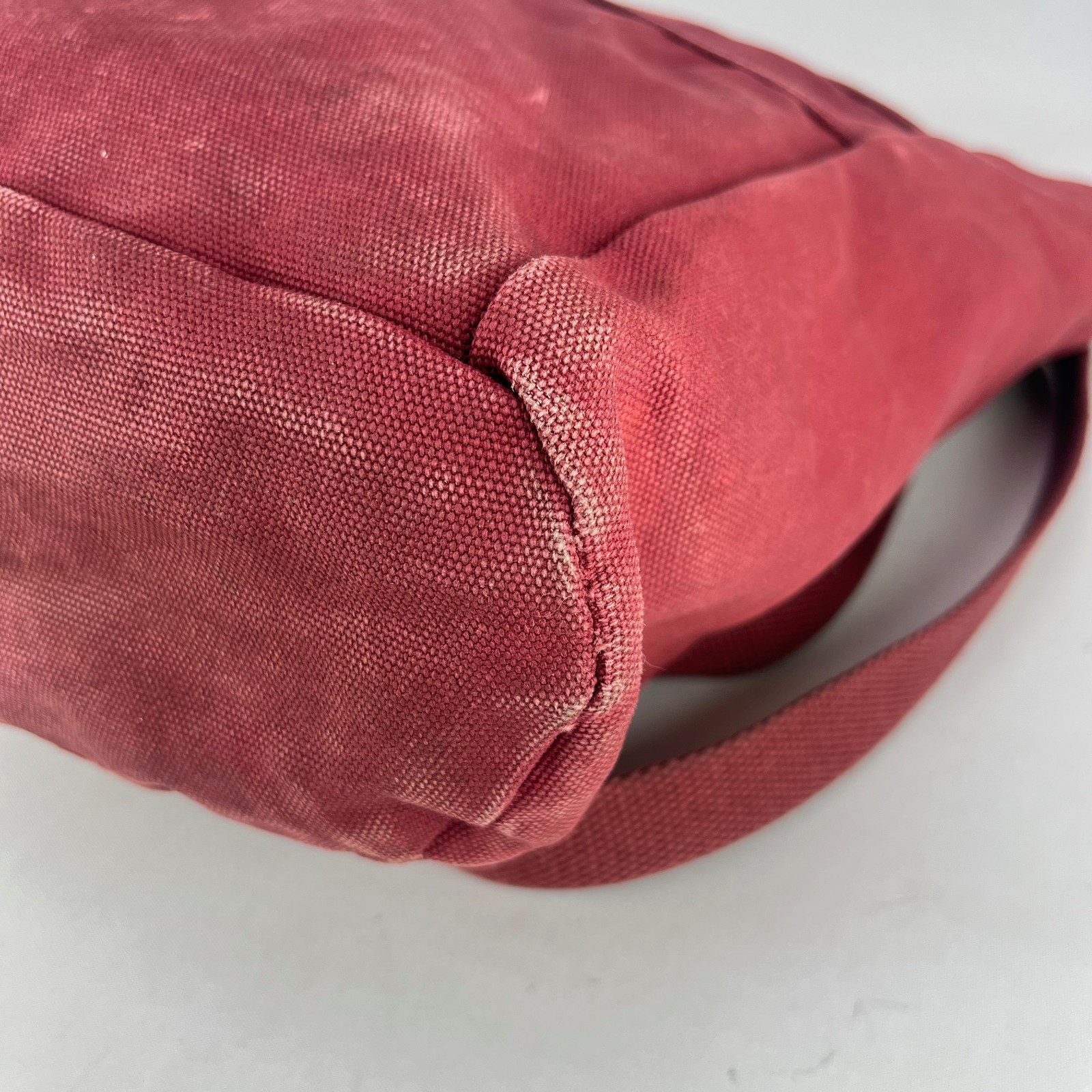 LL Bean Stonington Tote Bag Script Tag Canvas Dark Red Maroon Leather Handles