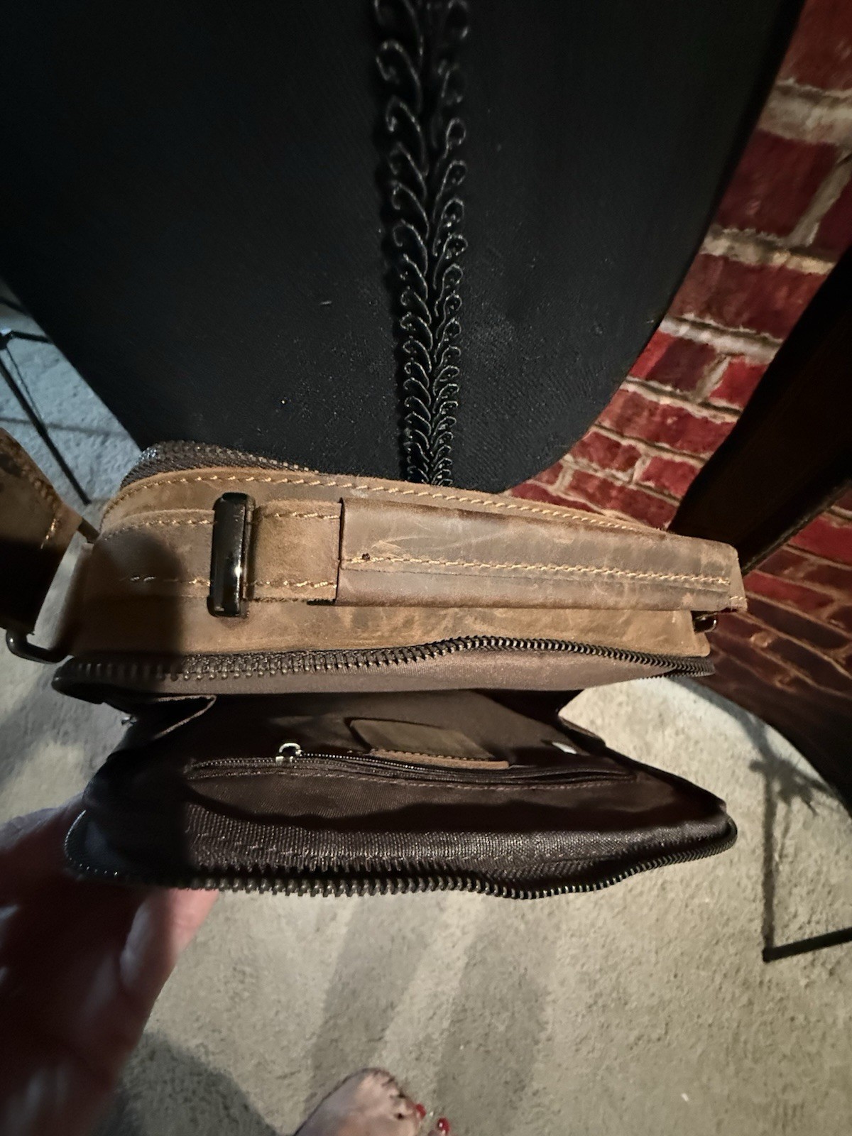 Brown Bomber Leather Crossbody Bag Zip Closure Adjustable Strap Unisex Casual