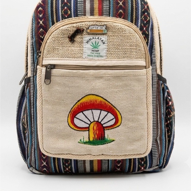 Himalaya Hemp Small Backpack Beige Multicolor Striped Mushroom Zip Unisex
