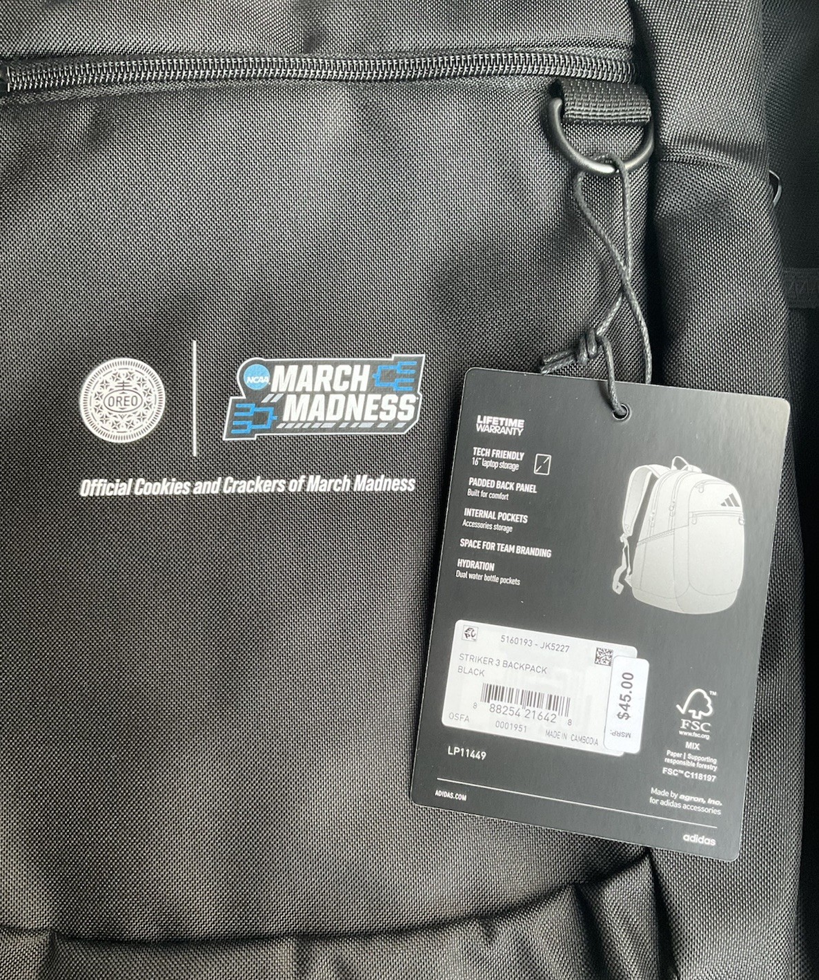 Oreo March Madness Promo Adidas Striker 3 Backpack In Black, Fits 16” Laptop