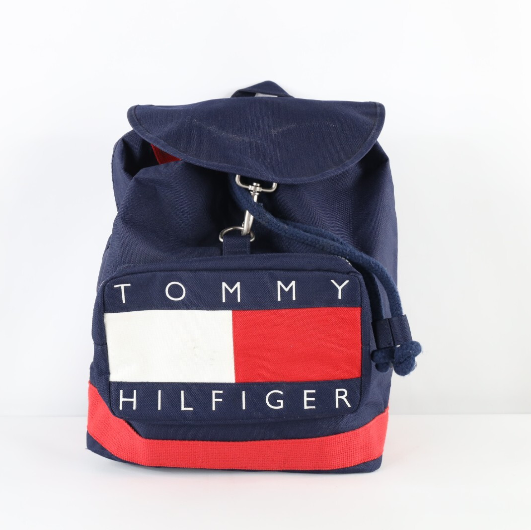 Vintage 90s Tommy Hilfiger Big Logo Spell Out Top Loader Cinch Backpack Bag Blue
