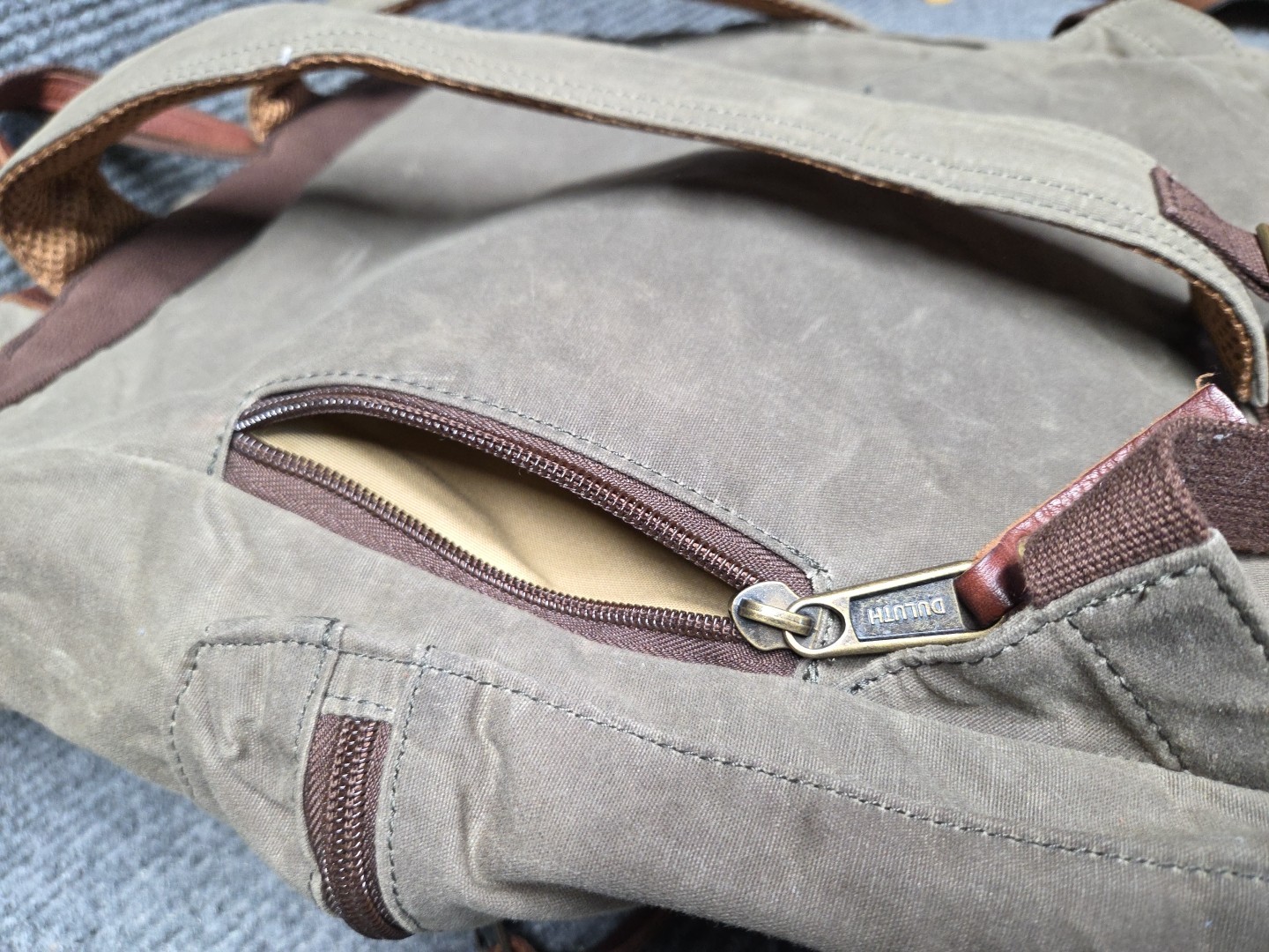 Duluth Trading Co Backpack Satchel Brown Oil Cloth Hiking Duffle Bag