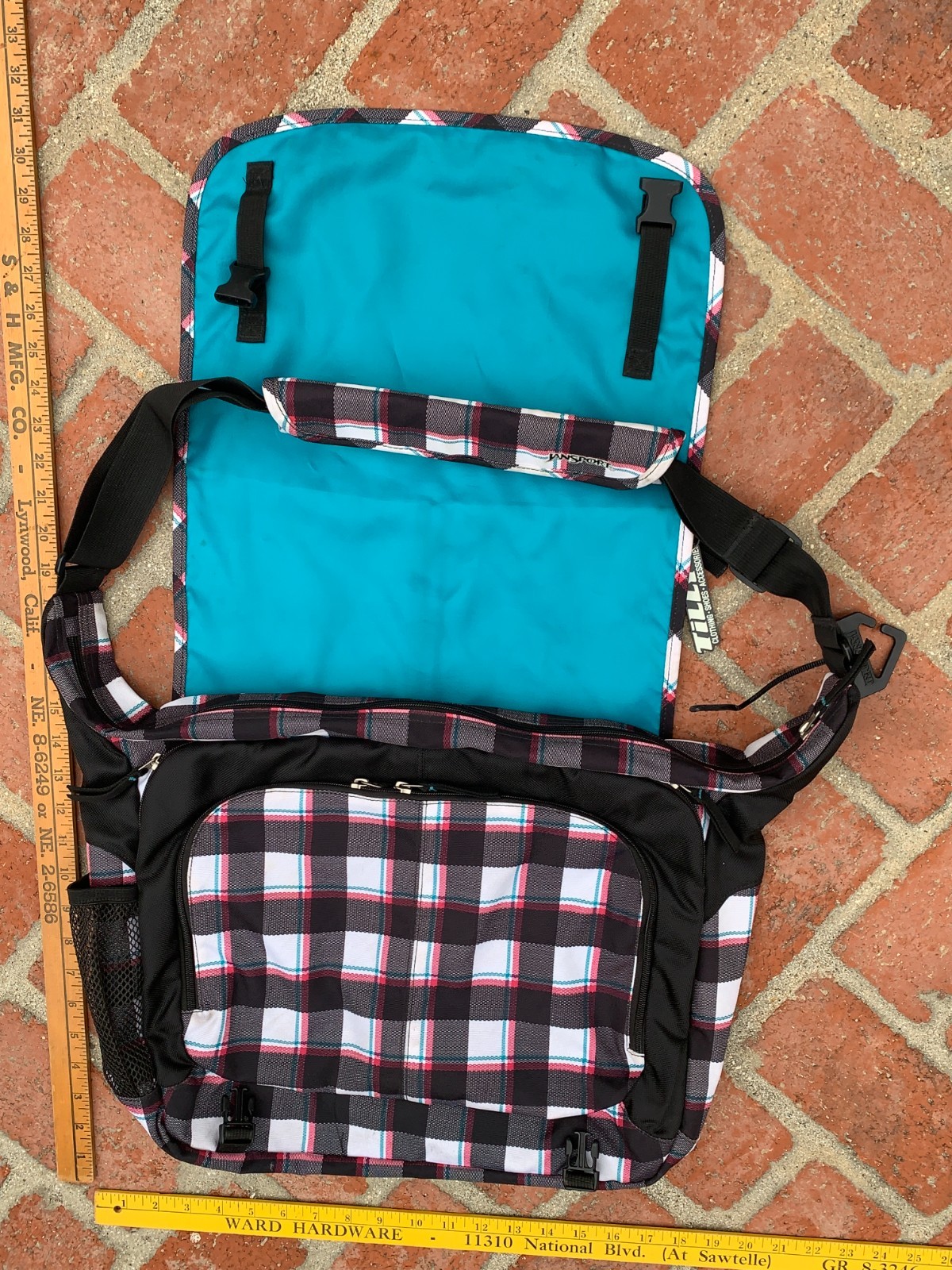 vtg JanSport🌀Crossbody Messenger Backpack 90’s plaid pink teal black white RARE