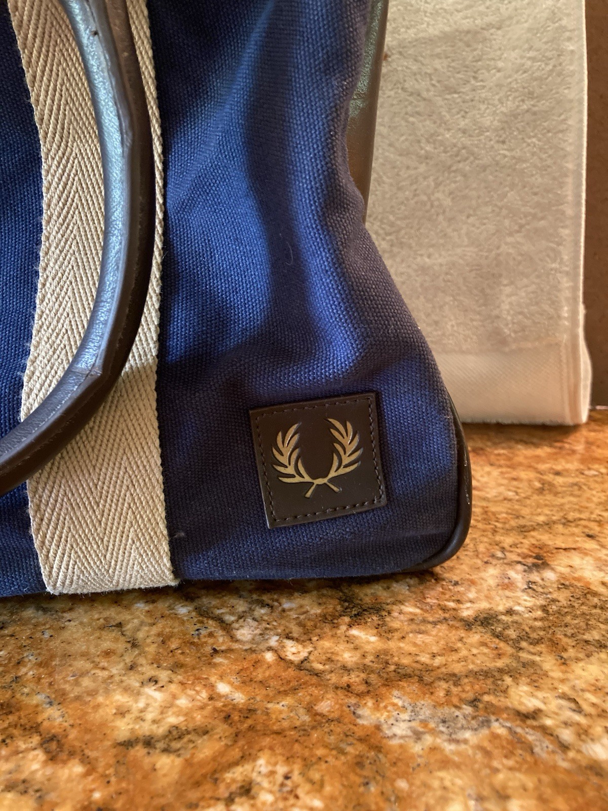 Distressed Fred Perry Leather And Canvas Blue Tote Bag