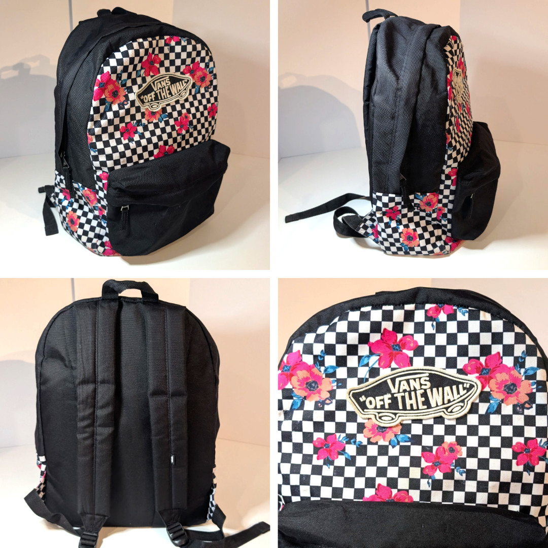 Vans Off The Wall Backpack Black White Checkered Floral with Pink Roses, Daypack