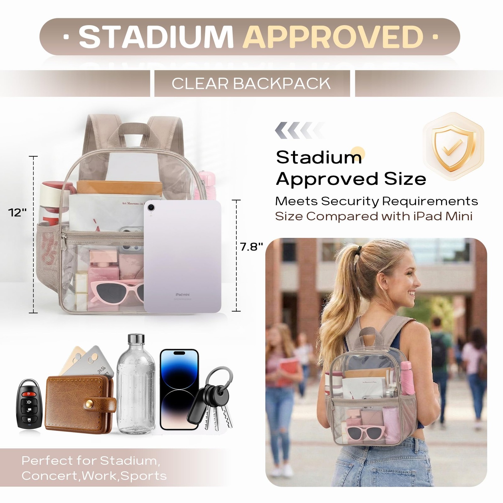 Clear Backpack 12x6x11 in Waterproof PVC – Stadium Approved for Concerts, Sports
