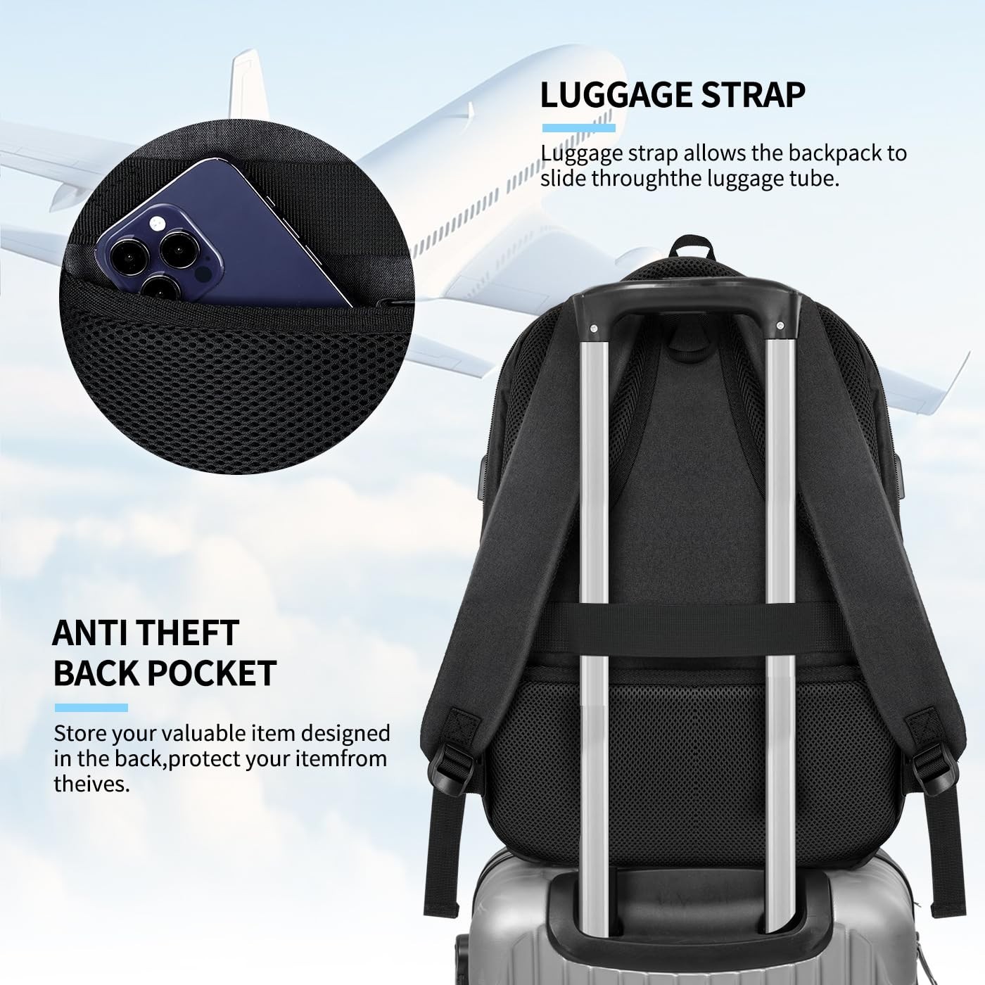 Water Resistant Laptop Backpack for Men & Boys, Travel School Bookbag 15.6