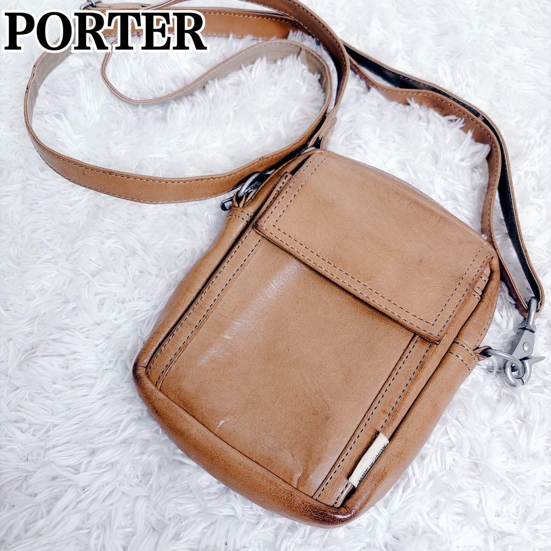 Authentic PORTER 吉田カバン レザー ミニショルダー バッグ 11cm x 15cm Black Brown