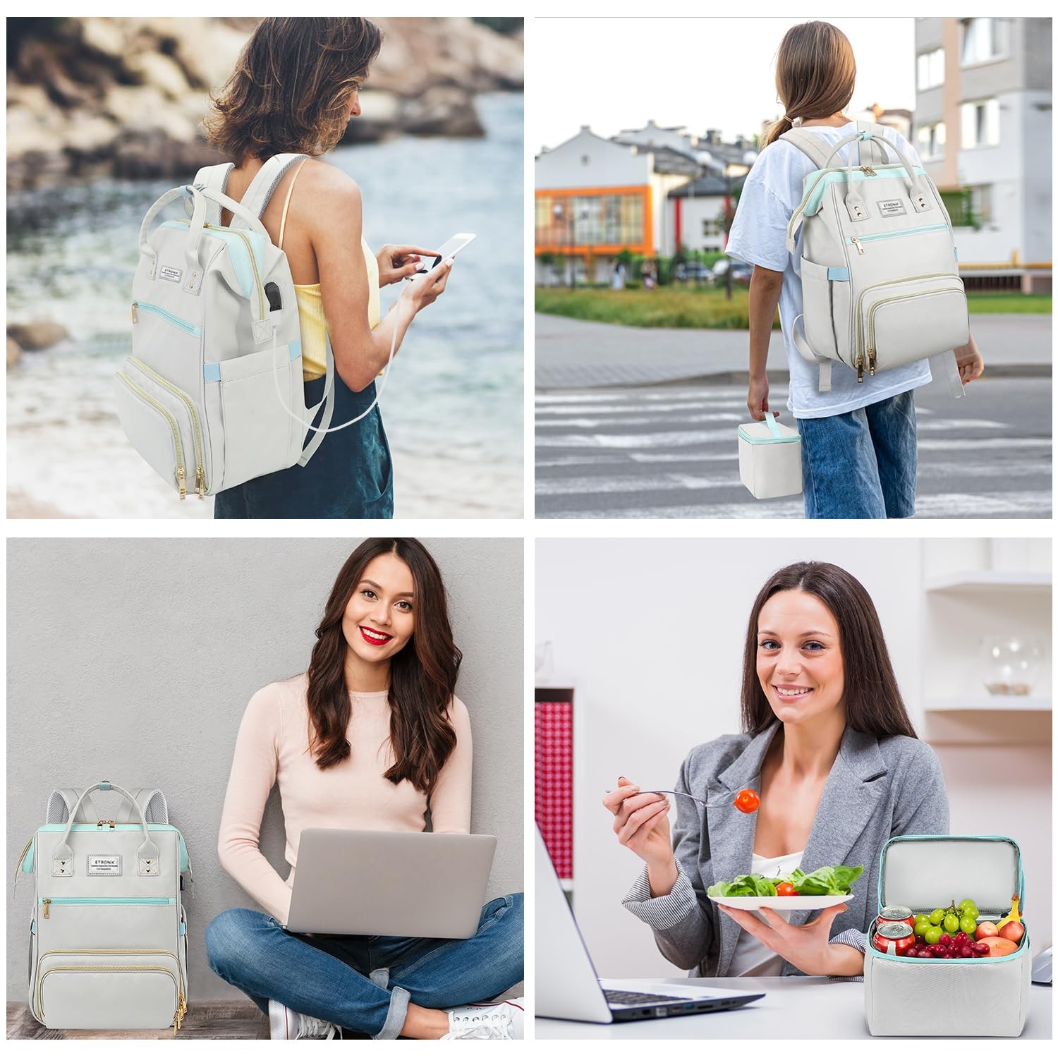 Grey Blue 15.6 Inch Lunch Backpack, USB Port, Insulated, Nurse, Teacher, Women