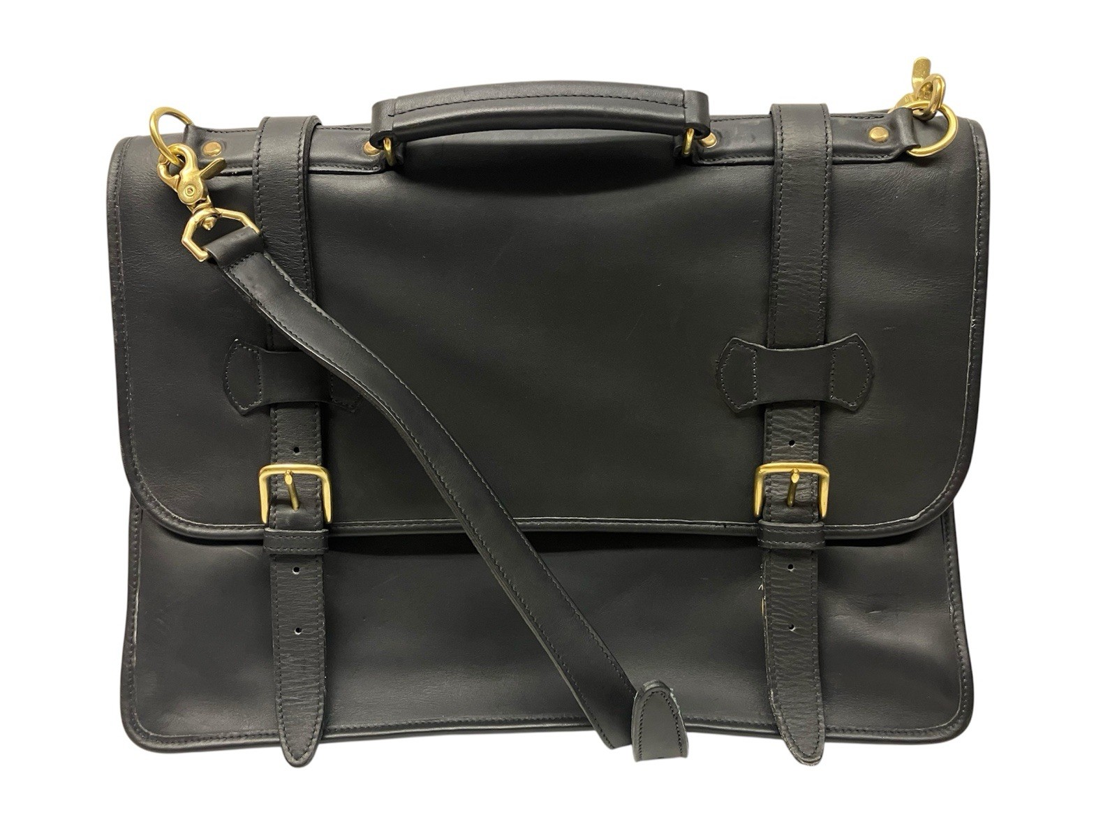 Vintage Black Leather Messenger Briefcase Saddle Satchel Bag Swiss Amiet Buckles