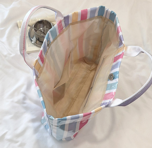 Womens Striped PVC Tote Bag Large Capacity Glossy Shopper Handbag Commuter