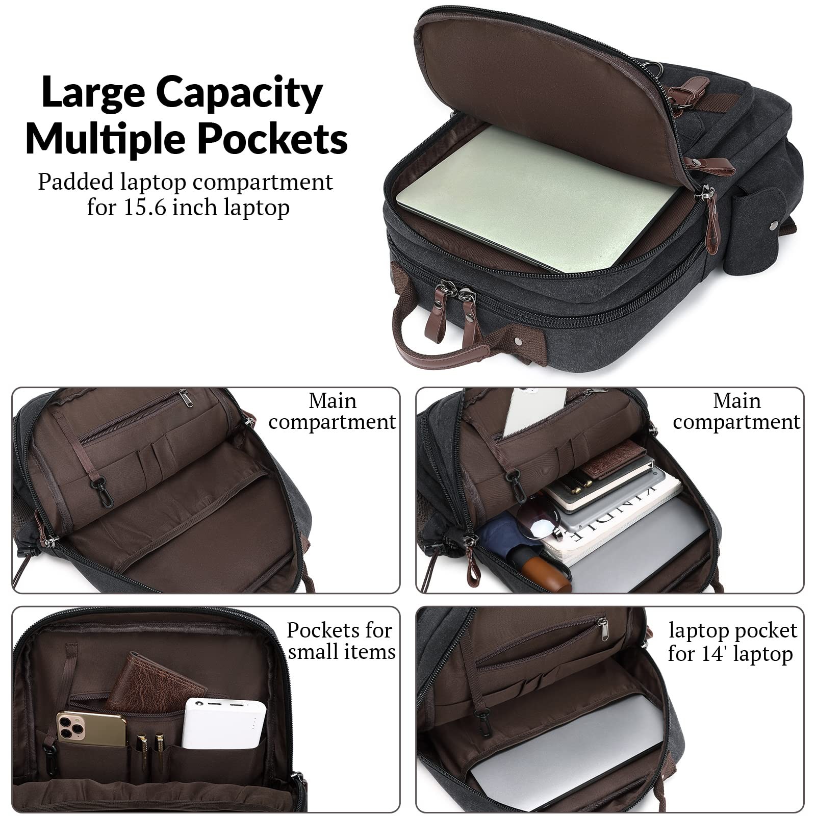 Canvas Messenger Bag 15 inch Backpack Crossbody Bags Sling Bag Black, XL