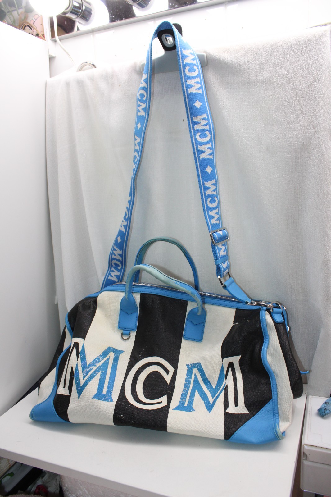 vintage$780 MCM Blue Black White Stripe Duffle Bag 21X12X9inches