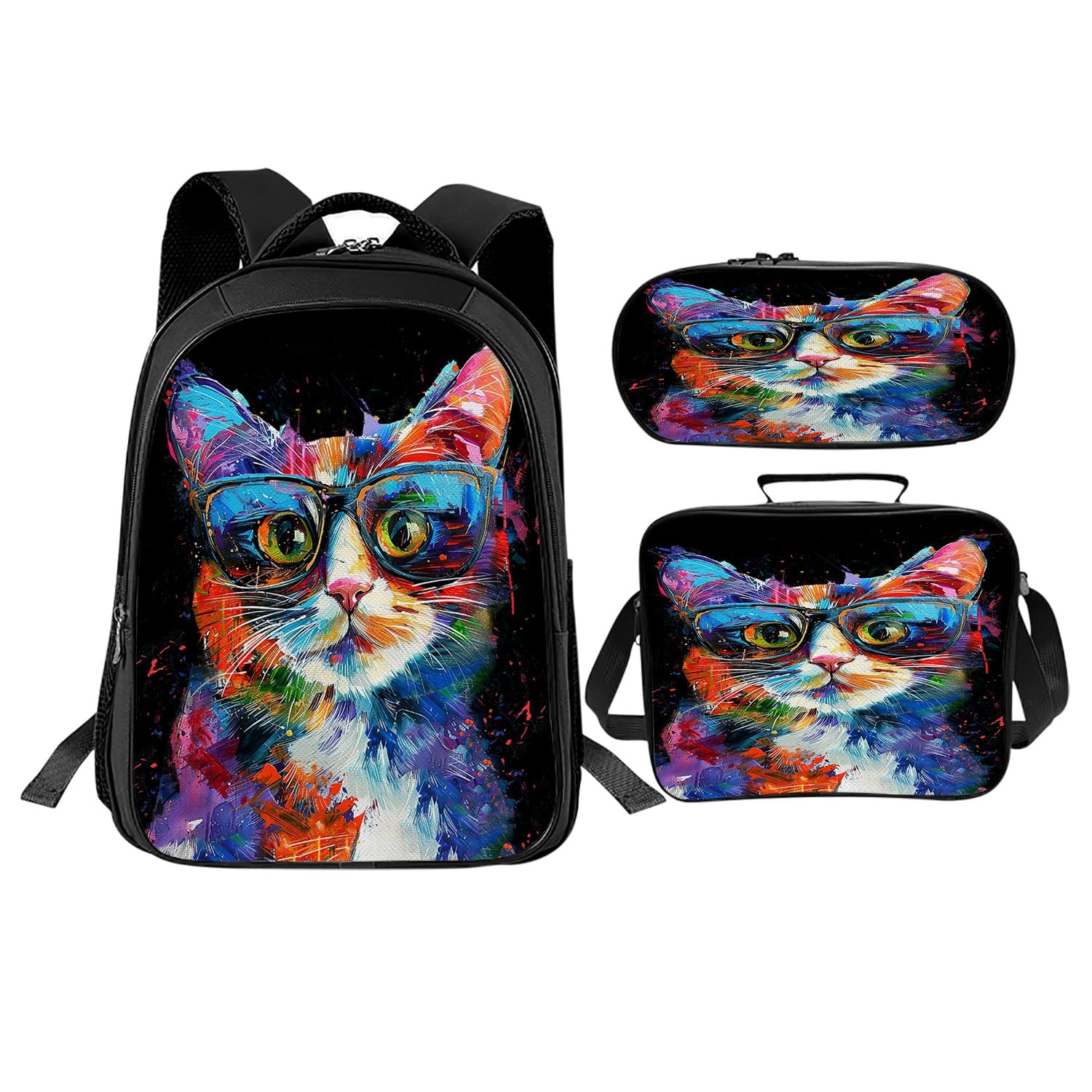 Cat School Backpack for Teens Kids Kindergarten Elementary Middle School 3-Pc…
