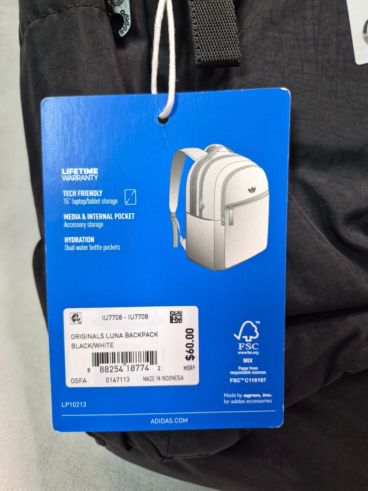 Adidas Originals Luna Backpack, Black, MSRP $60