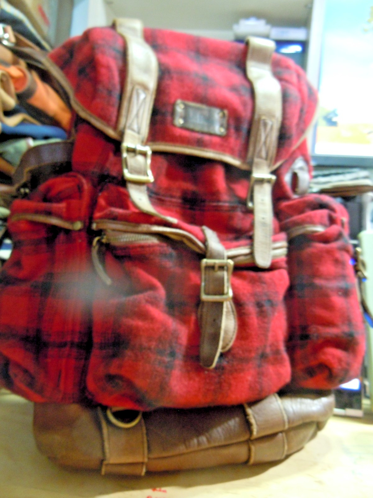 VTG LL Bean BACKPACK RUCKSACK wood Plaid Brown LEATHER Large “. #9