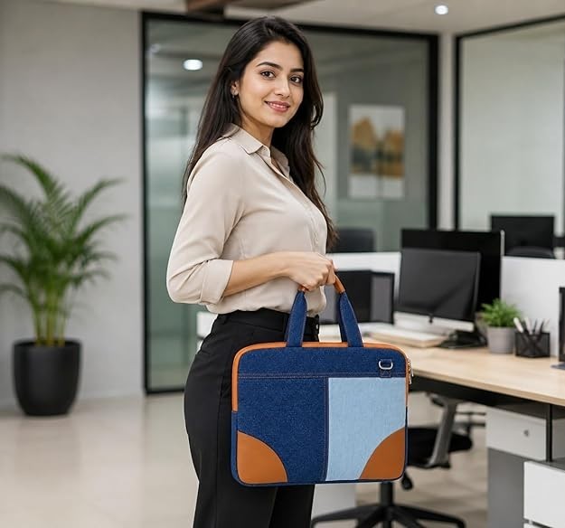 Classic Denim Messenger Laptop Bag, Multicolor, Zipper Closure Formal Style