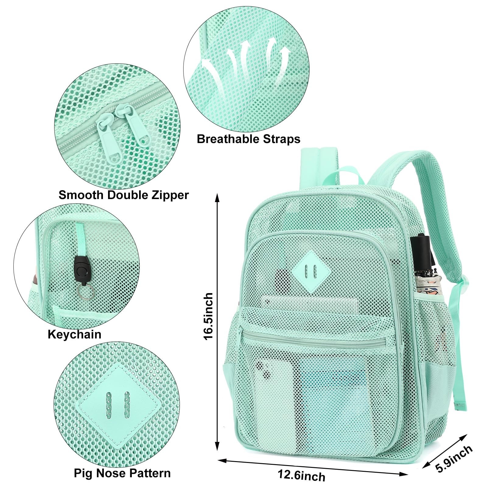 Heavy Duty Green Mesh Backpack See Through Lightweight School Beach Bag