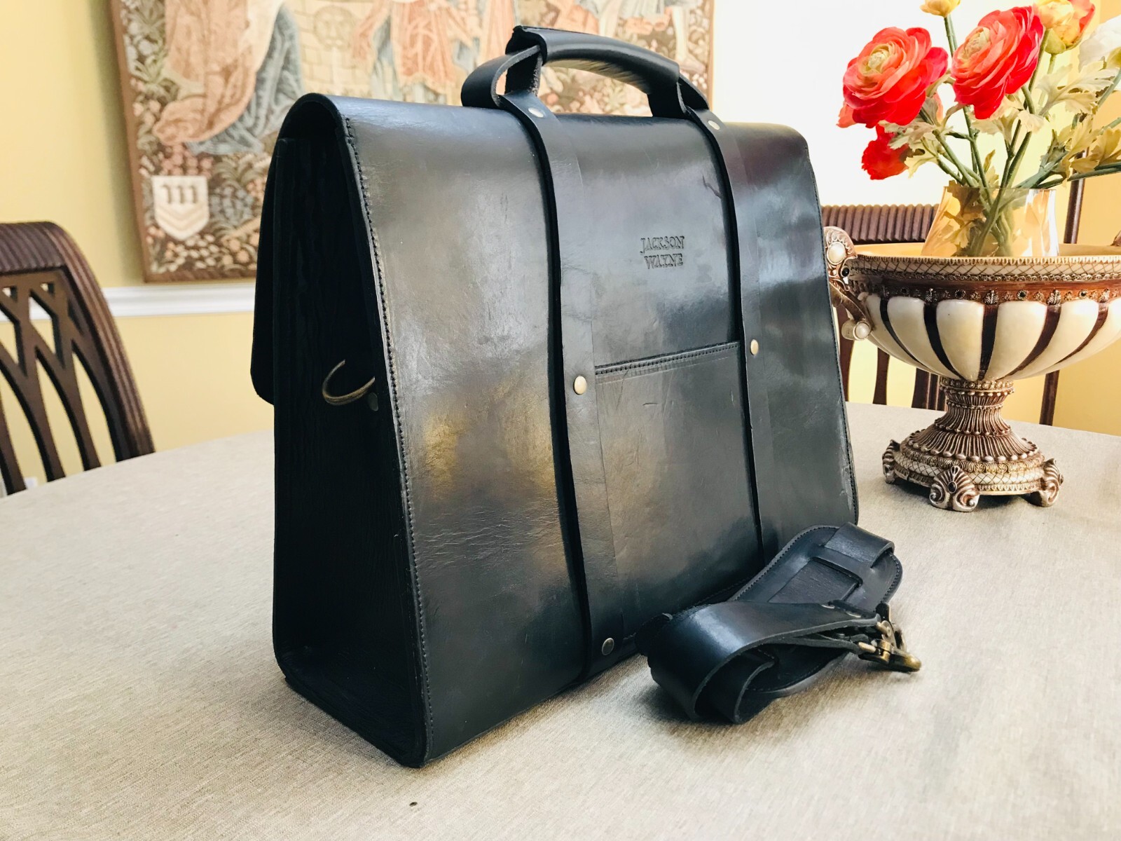 JACKSON WAYNE Black Heavy Saddle Leather Briefcase / Messenger Bag – US Made