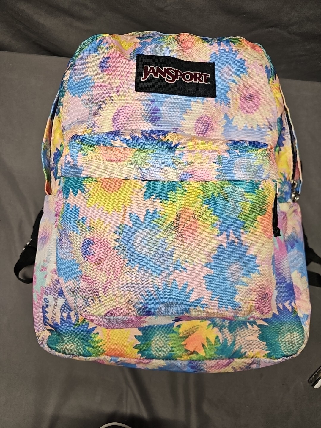 Backpack – JanSport Superbreak – Black & Floral, Pink, Blue, Yellow Daisy Pastel