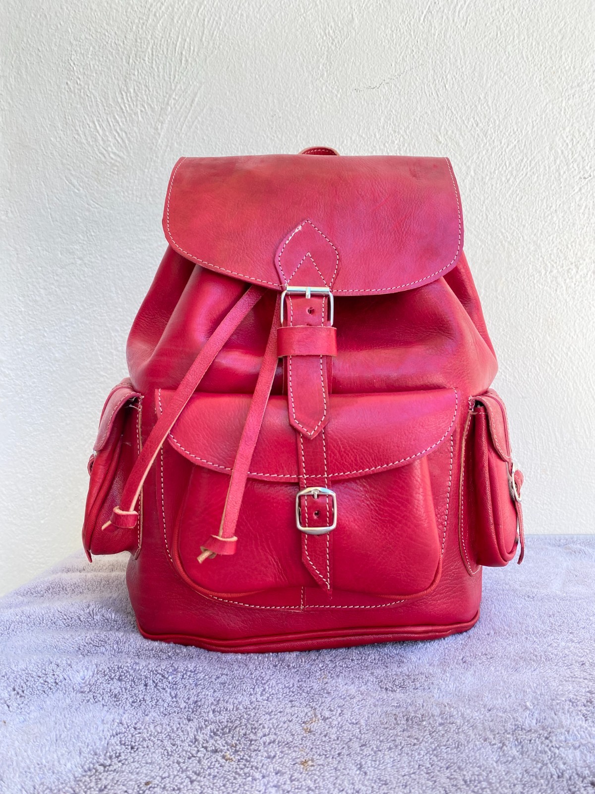 Red Leather Backpack Handmade Morocco Belt Buckle Front Back Pocket Bag