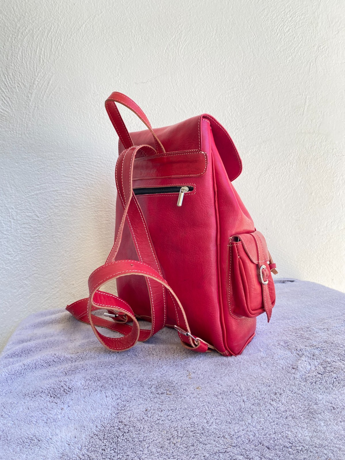 Red Leather Backpack Handmade Morocco Belt Buckle Front Back Pocket Bag