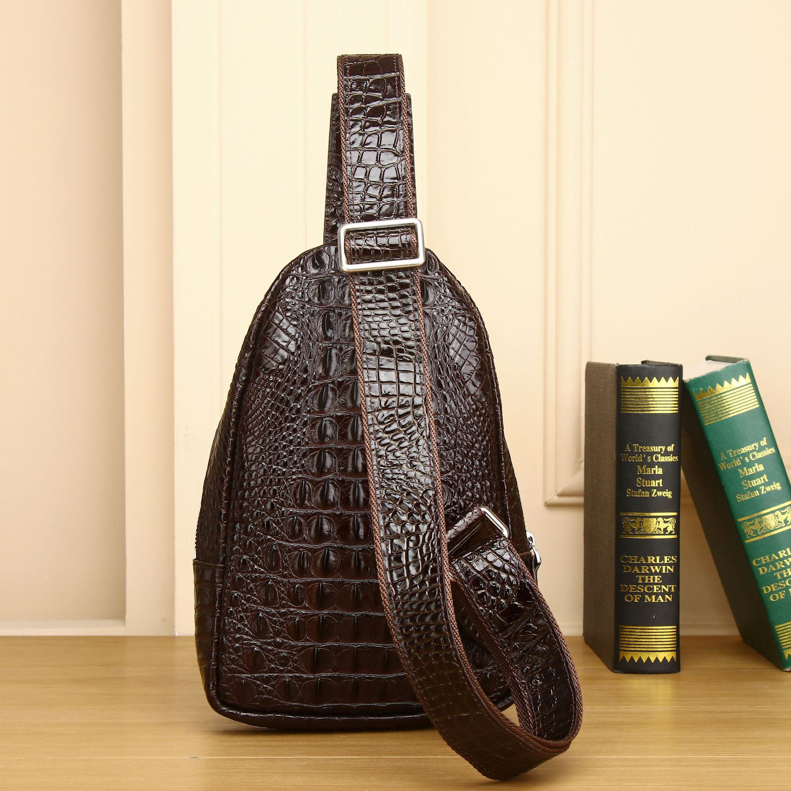 Genuine Leather Men’s Sling Backpack, Crocodile Pattern Crossbody Bags Daypack
