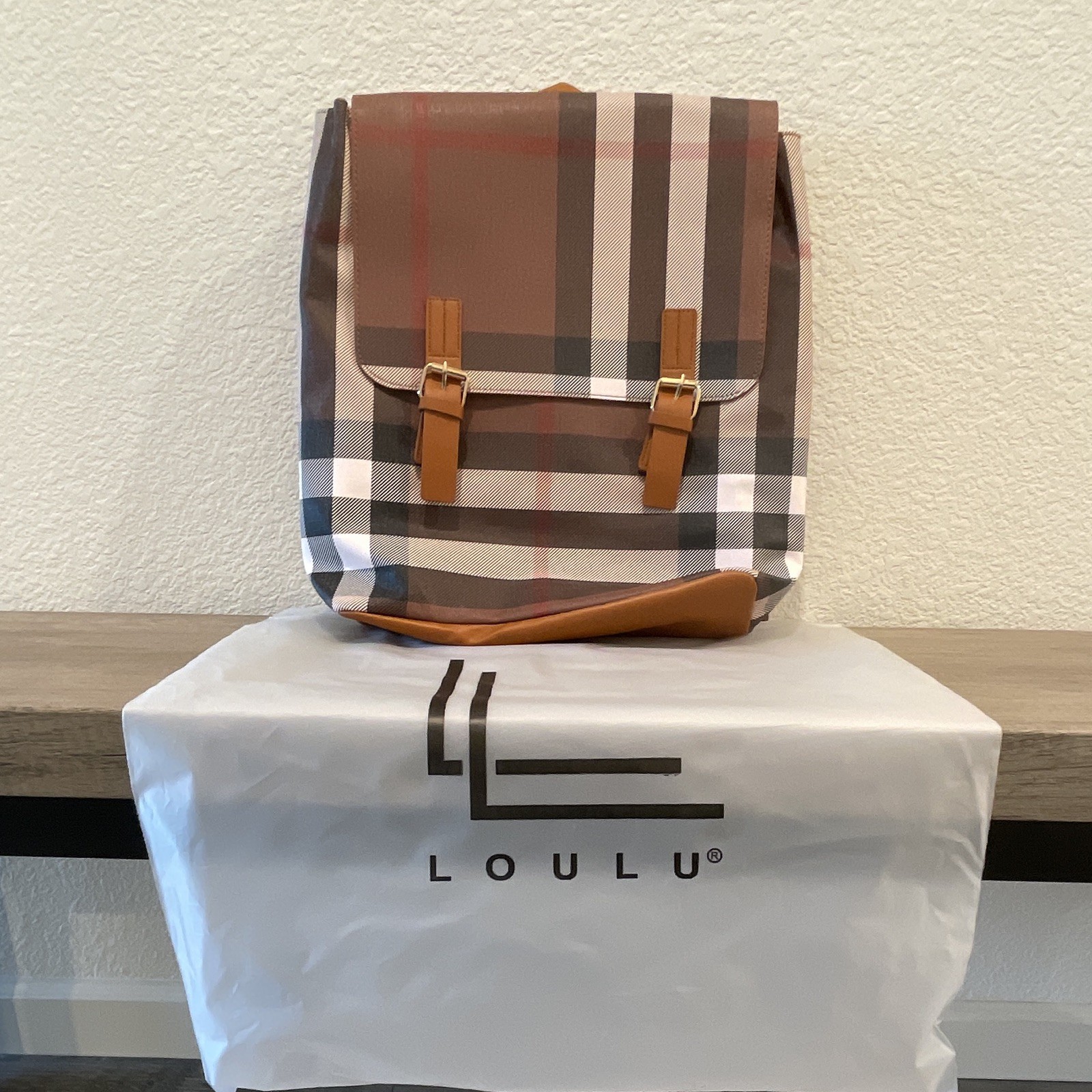 LOULU Plaid Backpack Brown/Beige Buckle & Zip Closure Adjustable Strap