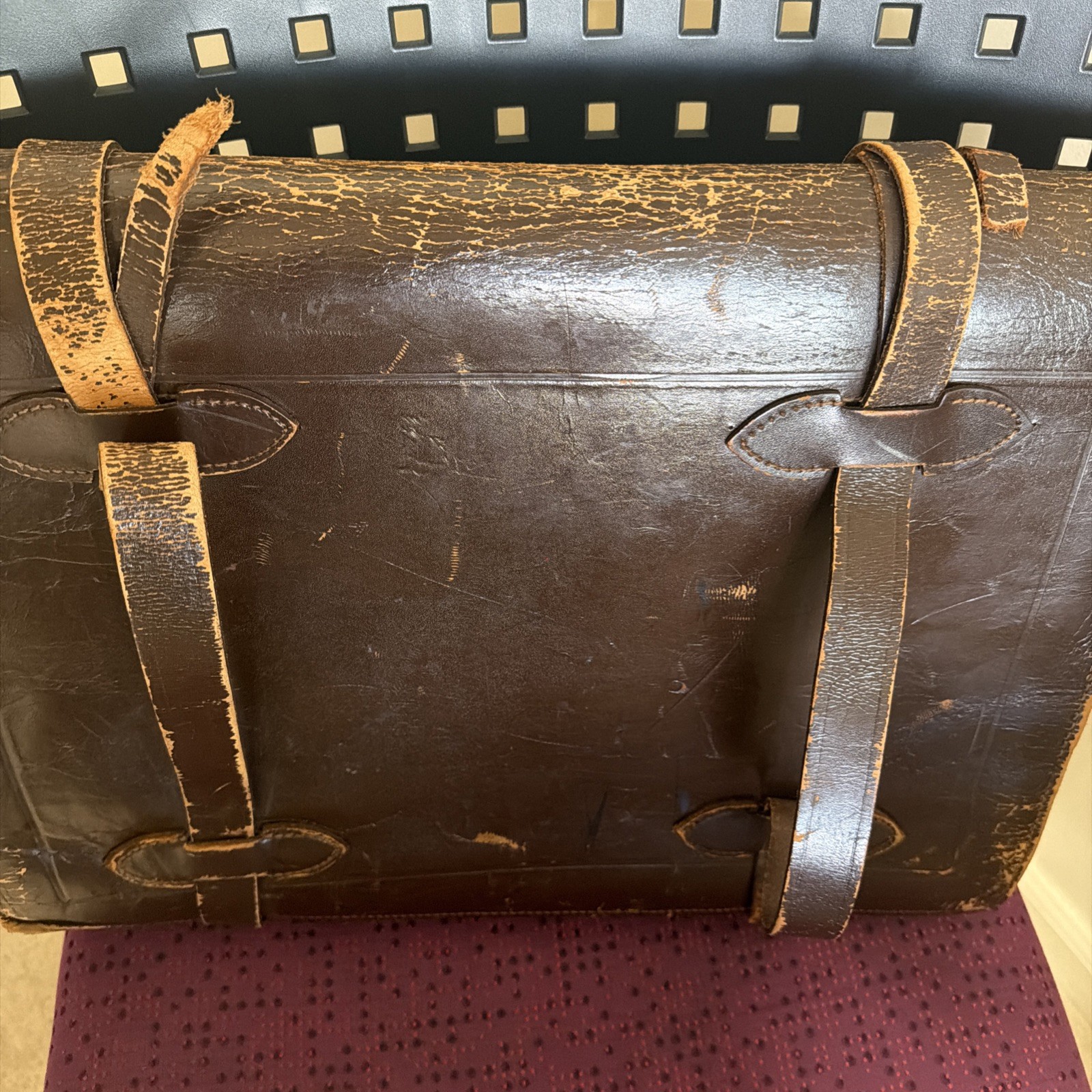 Vintage 40s Brown Leather Briefcase Military Style Rugged Messenger Bag Brass