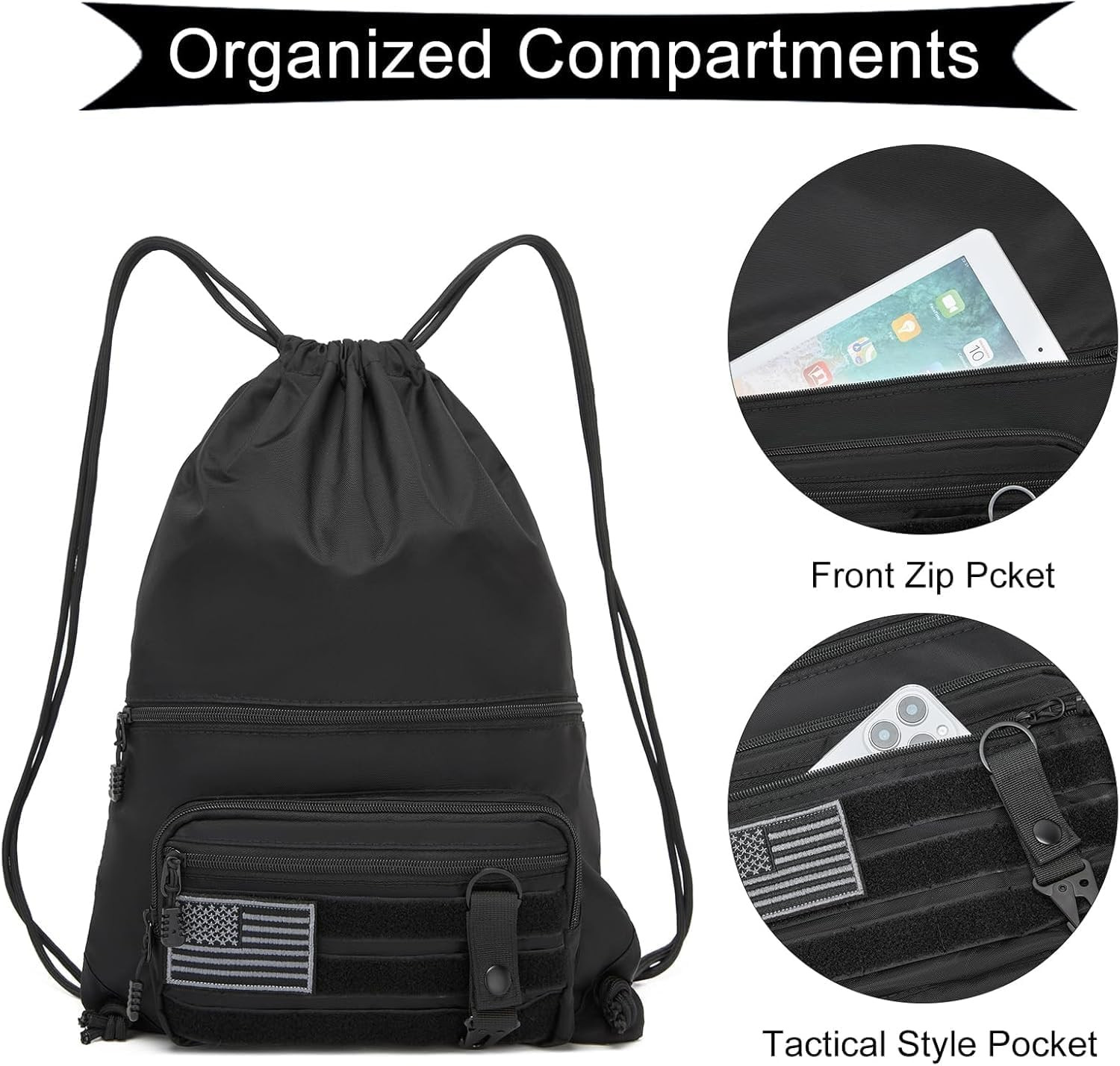seyfocnia Drawstring Backpack Tactical String Bag with Zipper Pockets Waterproof