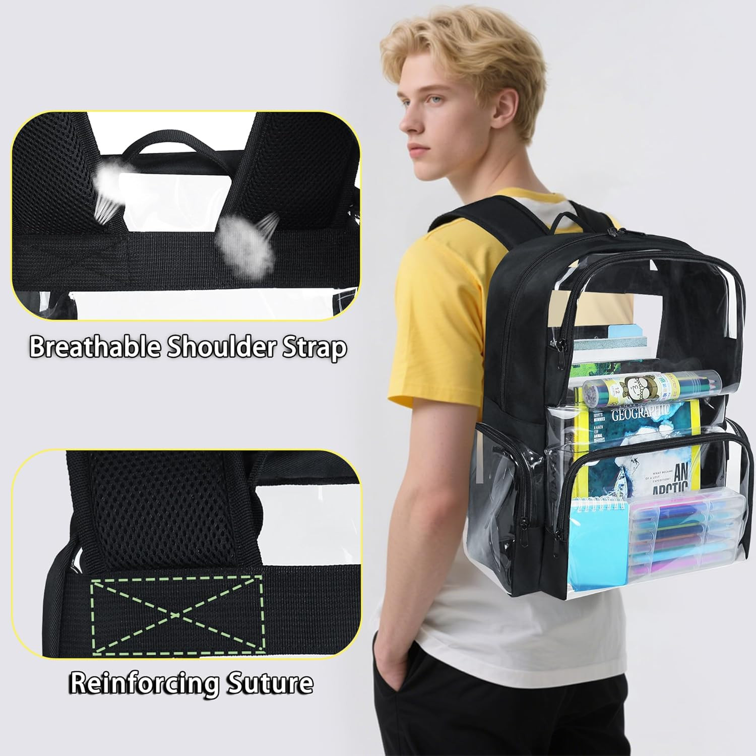 Clear Backpack Heavy Duty,18” Large Clear Backpack with Multiple Pockets,See th