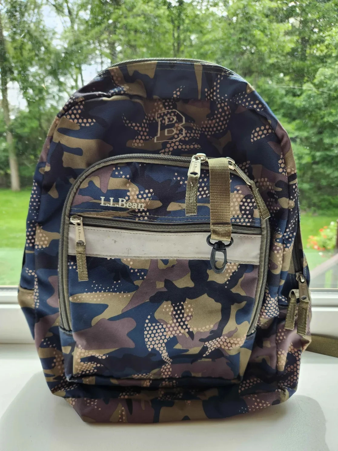 L.L.Bean Deluxe Backpack Blue Green Brown Camo Reflective Strip Large Capacity