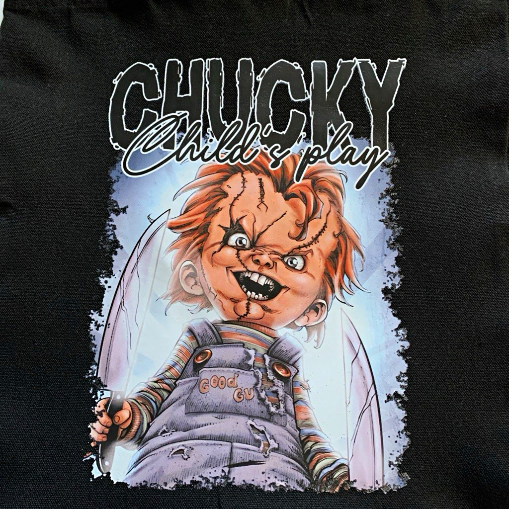 Chucky Child’s Play Black Graphic Print Horror Tote Bag w/ Double Handles
