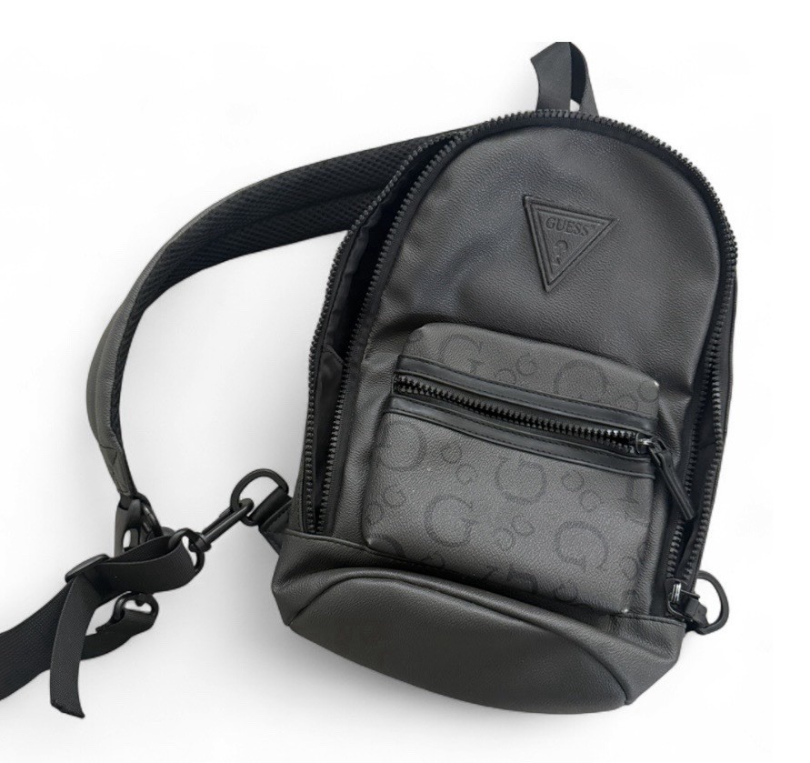 GUESS Men’s Black Crossbody Sling Bag Logo Pattern Zip, Adjustable Strap Pockets