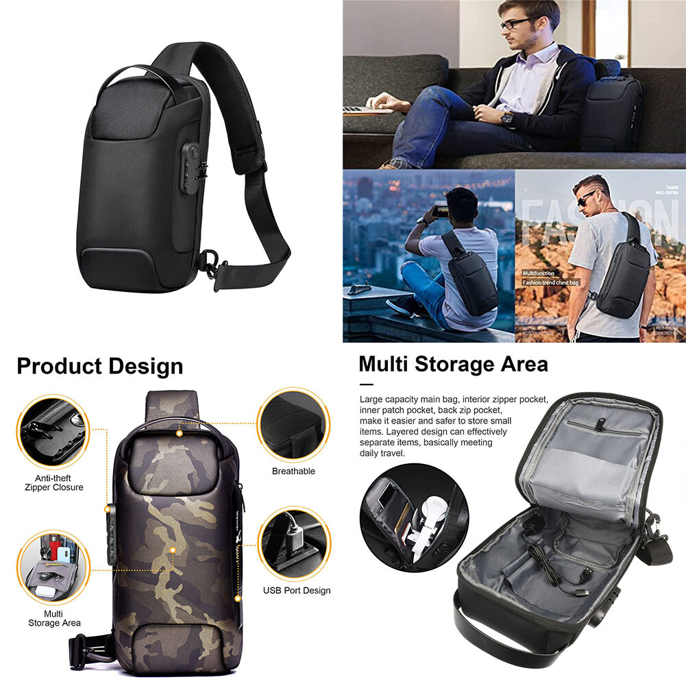 US 1-2 Pcs Sling Backpack USB Port Anti-Theft Men’s Chest Shoulder Crossbody Bag
