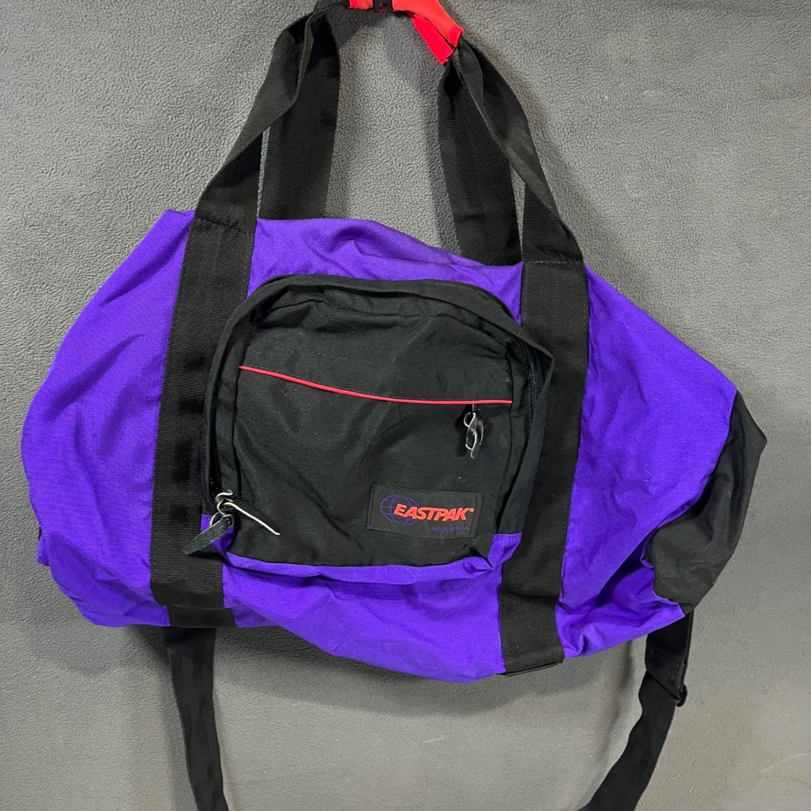 Vintage Eastpak Duffle Bag Purple Black Made in USA Gym Travel Luggage Tag 20″