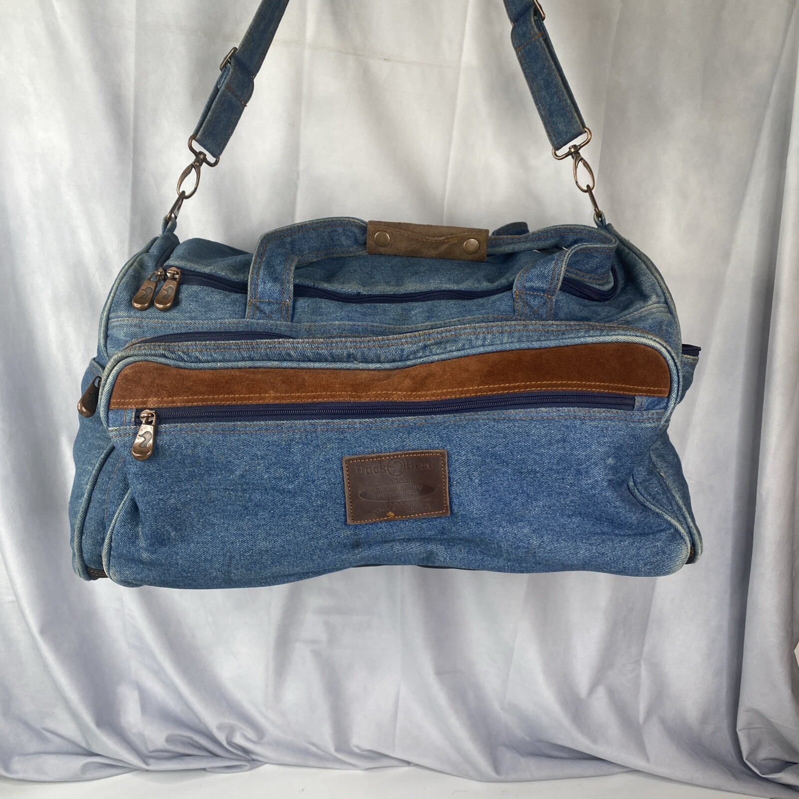 Duck Head Blue Denim Travel Outdoor Rugged Durable Bag Gym Plaid Interior 21″