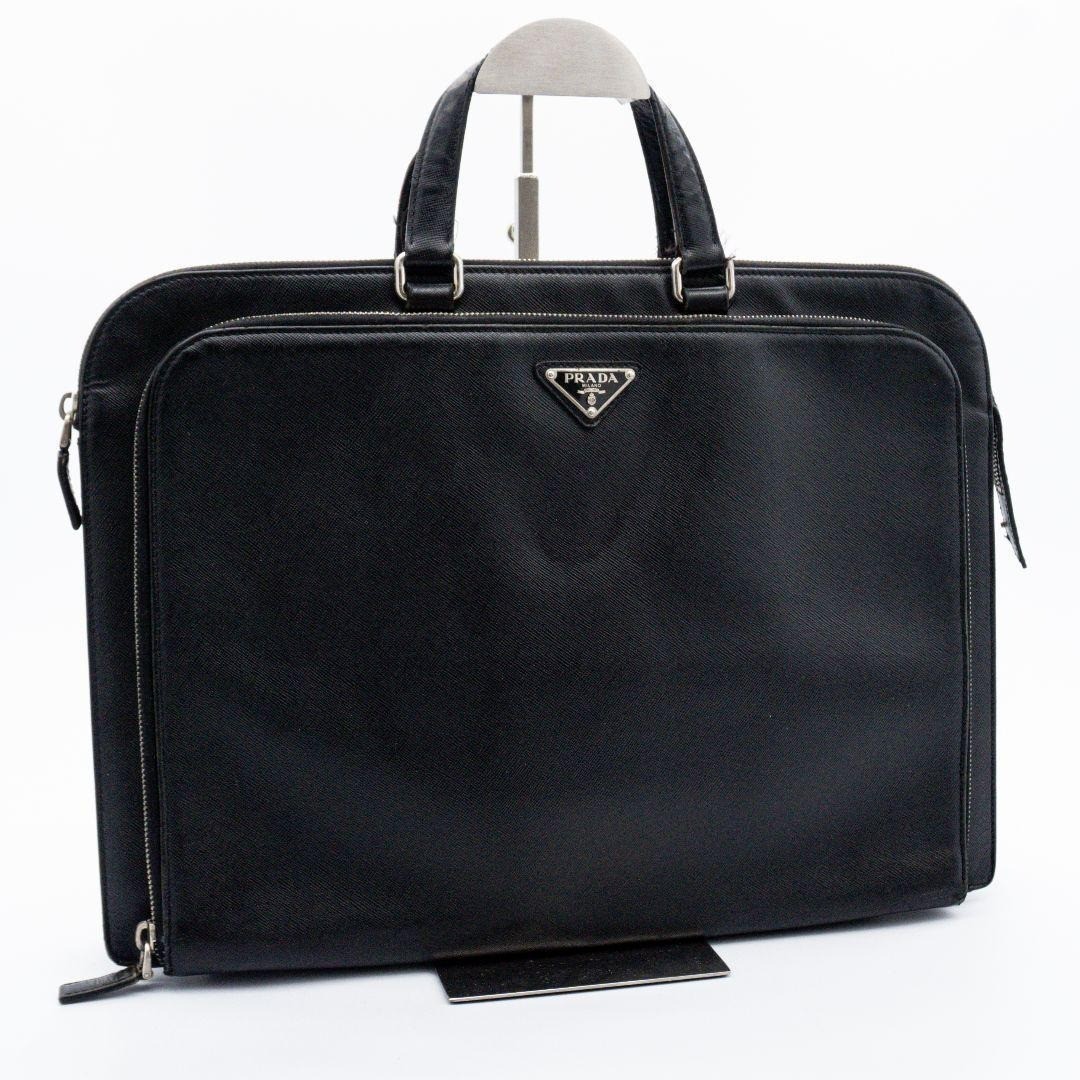 PRADA Saffiano Leather Briefcase Black Business Bag Organizer Silver Hardware
