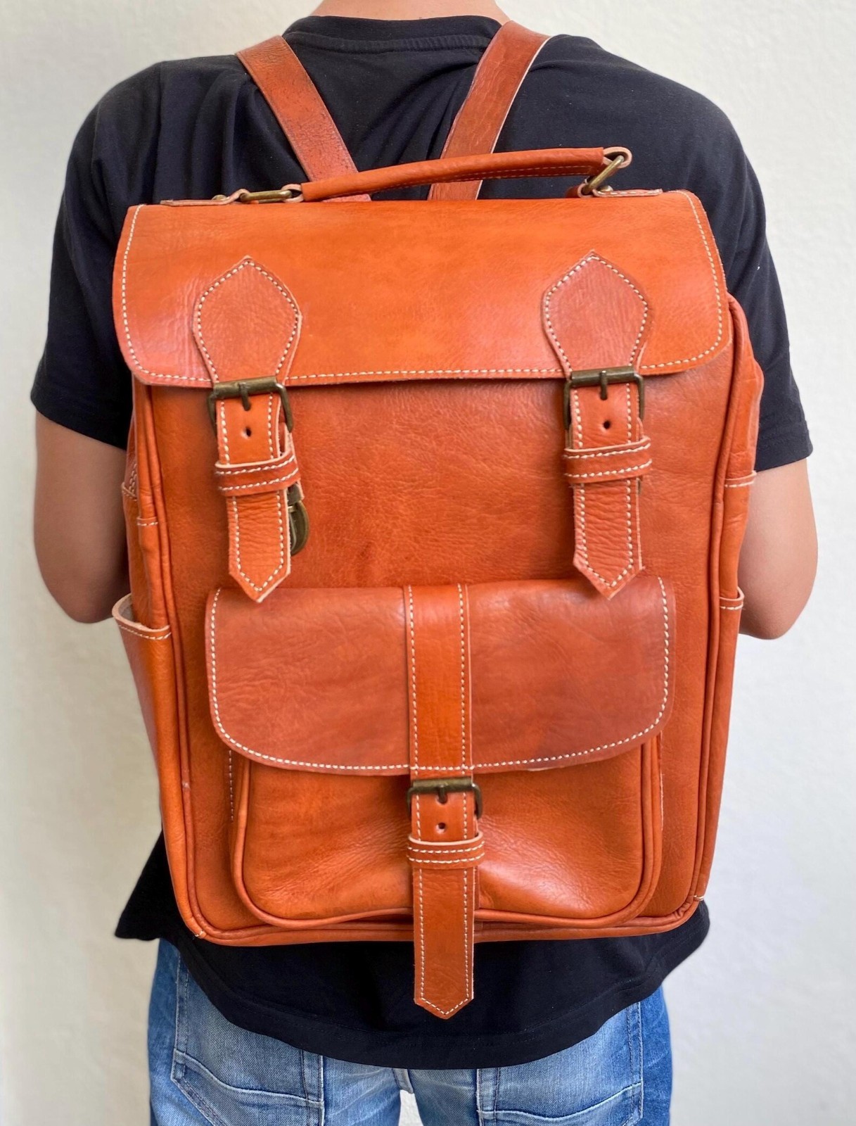 Handcrafted Genuine Leather Backpack – Cognac Color | 45 × 33 cm | Handmade