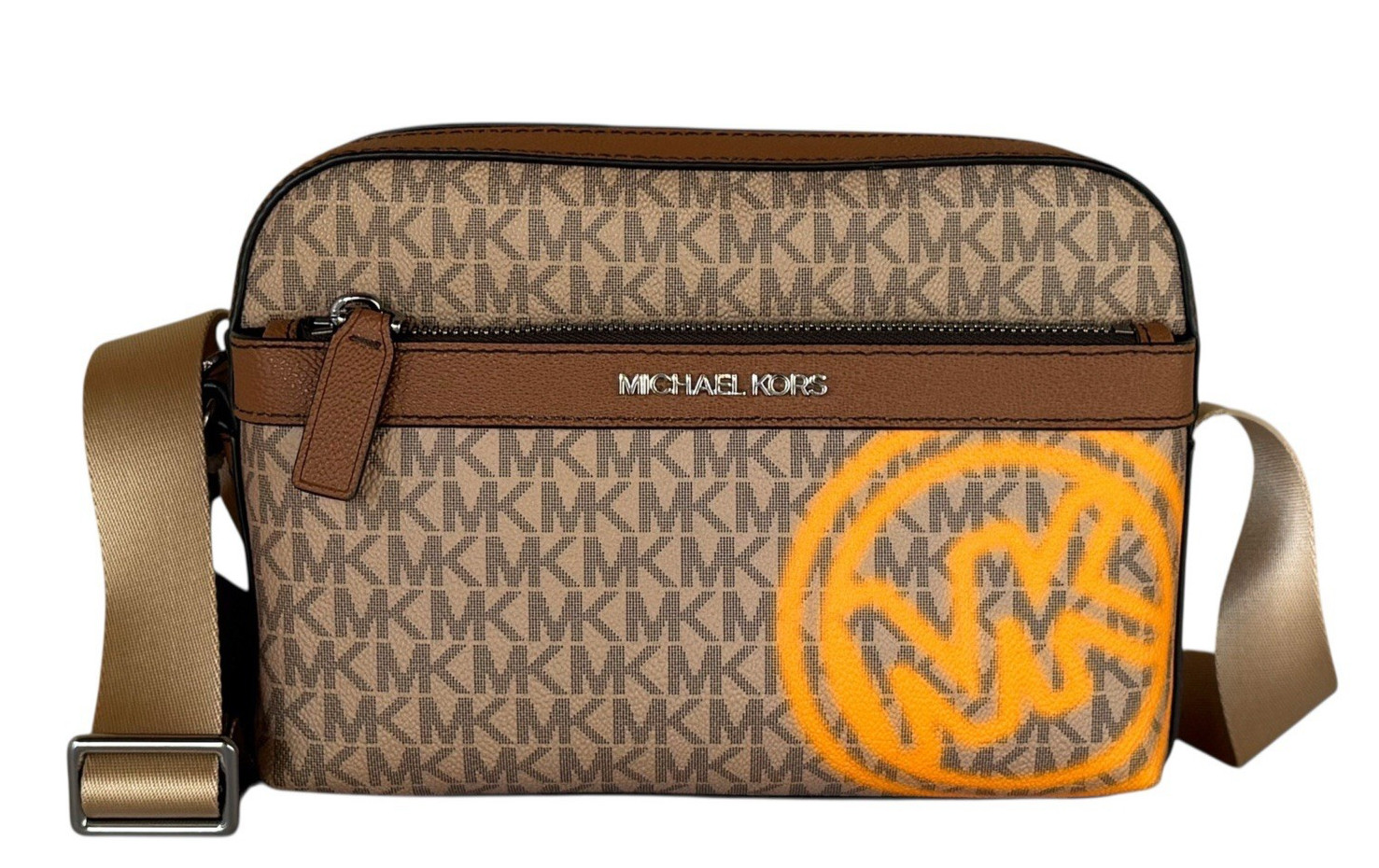 Michael Kors Cooper Utility Crossbody Flight Bag MK Brown/Pop Orange