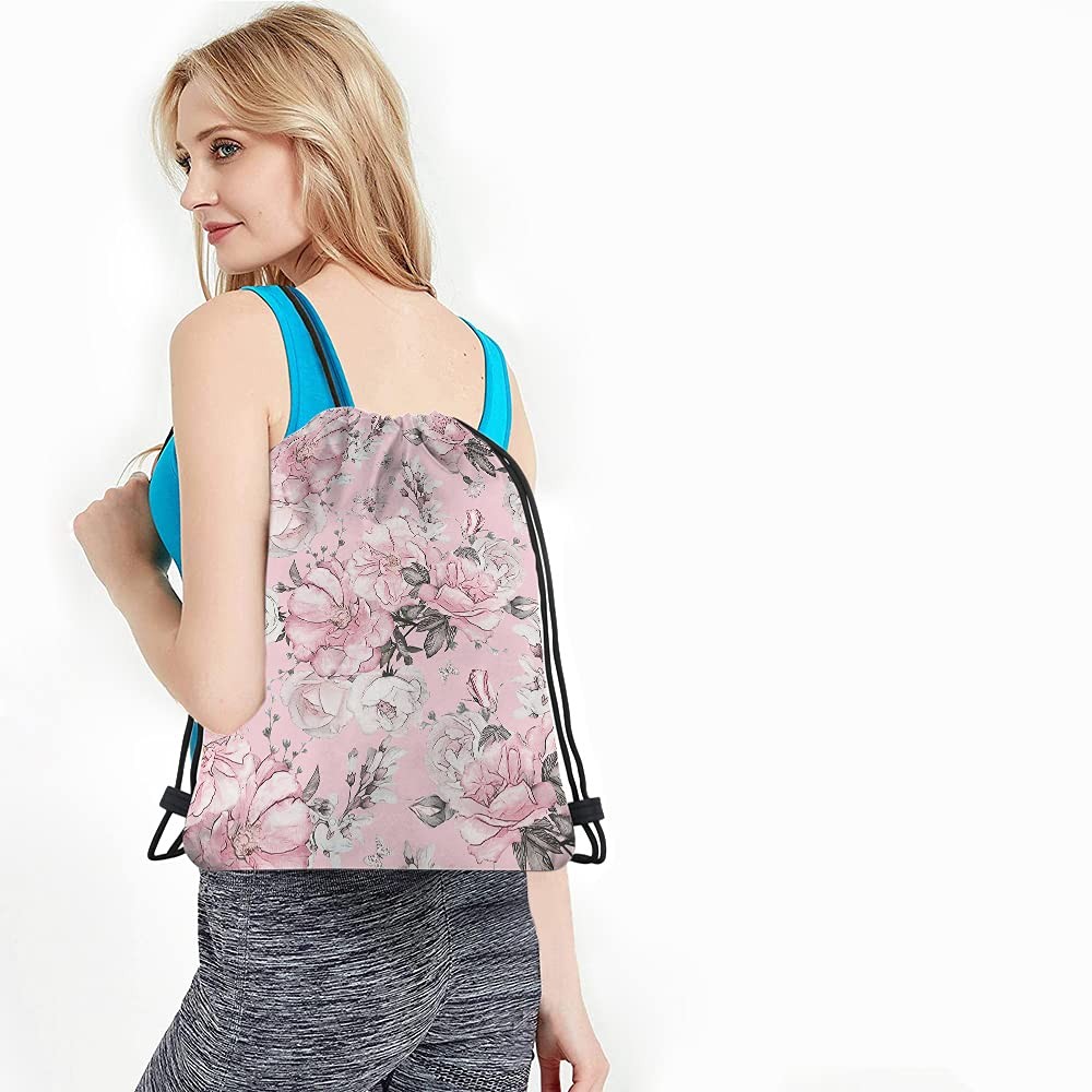 Pink Floral Print Polyester Drawstring Backpack, Unisex, 14×16.9 Inch, Modern…